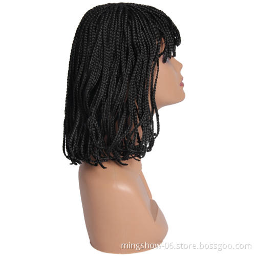 Short Bob Wig With Bangs Braided Box Braids Wig High Heat Synthetic Fiber Hair Crochet Twist Cosplay Hair For Black Women